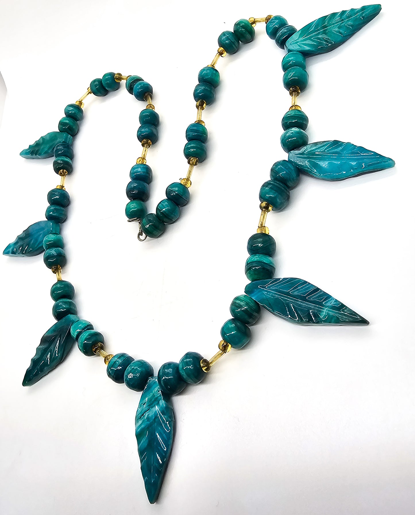 Malachite Chrysocolla beaded leaf 8mm hand crafted artisan vintage necklace