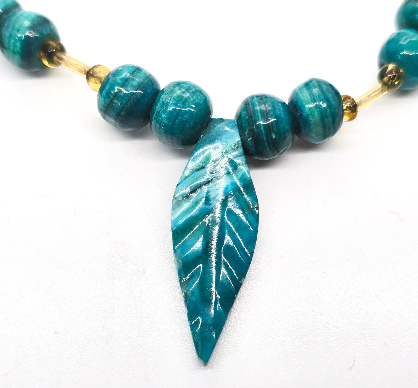 Malachite Chrysocolla beaded leaf 8mm hand crafted artisan vintage necklace