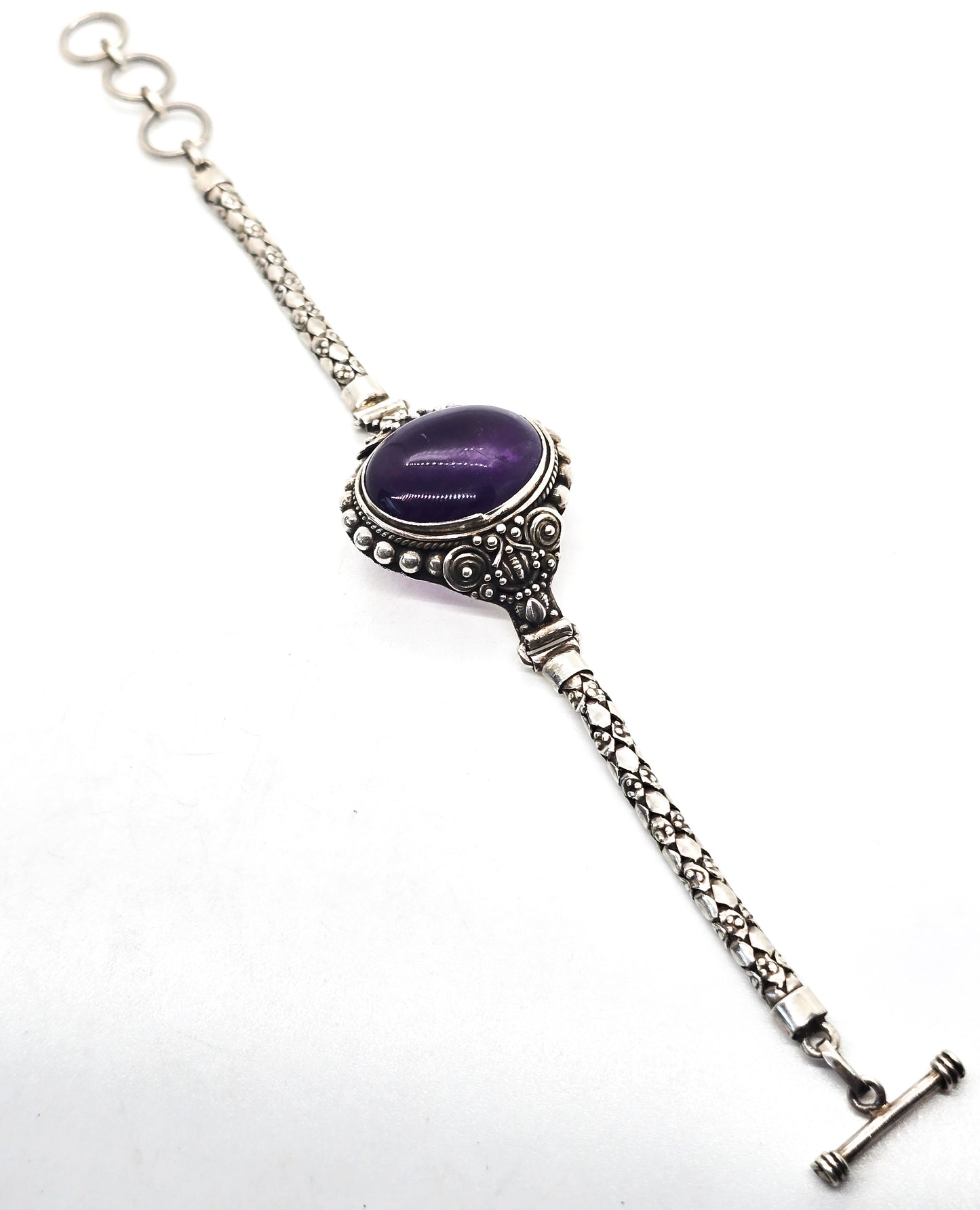 Balinese Amethyst large purple gemstone sterling silver adjustable bracelet