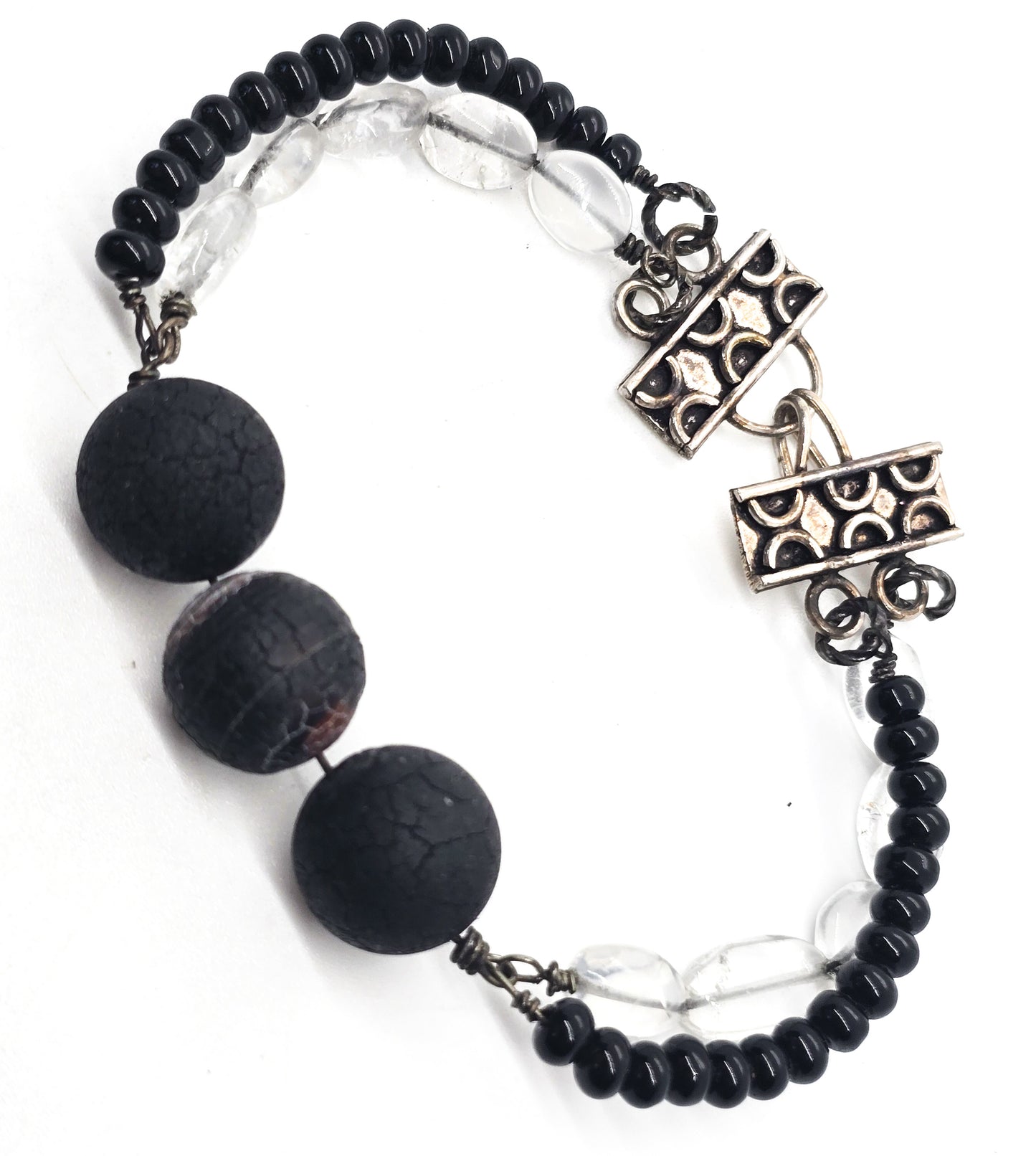 Black and white quartz and agate beaded sterling silver tribal Bali bracelet