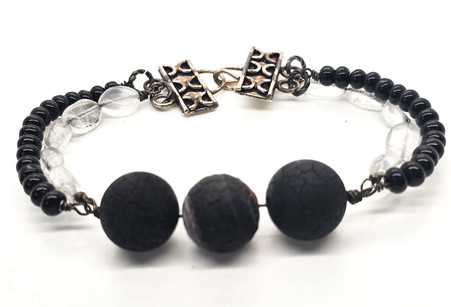 Black and white quartz and agate beaded sterling silver tribal Bali bracelet