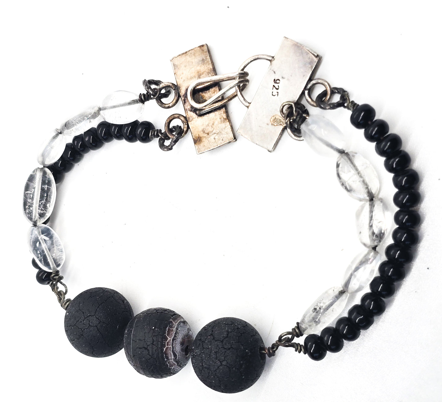 Black and white quartz and agate beaded sterling silver tribal Bali bracelet