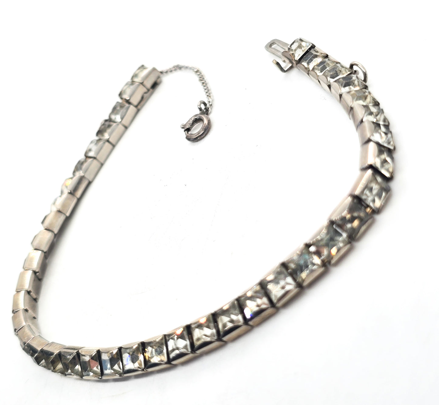 Princess cut channel set clear rhinestone mid century vintage tennis bracelet with safety