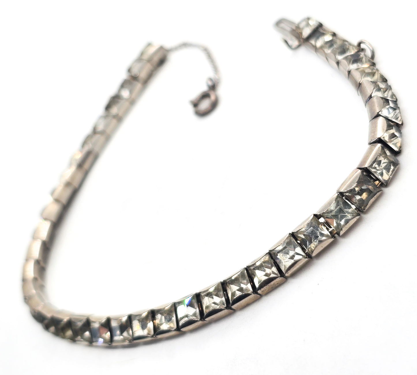 Princess cut channel set clear rhinestone mid century vintage tennis bracelet with safety