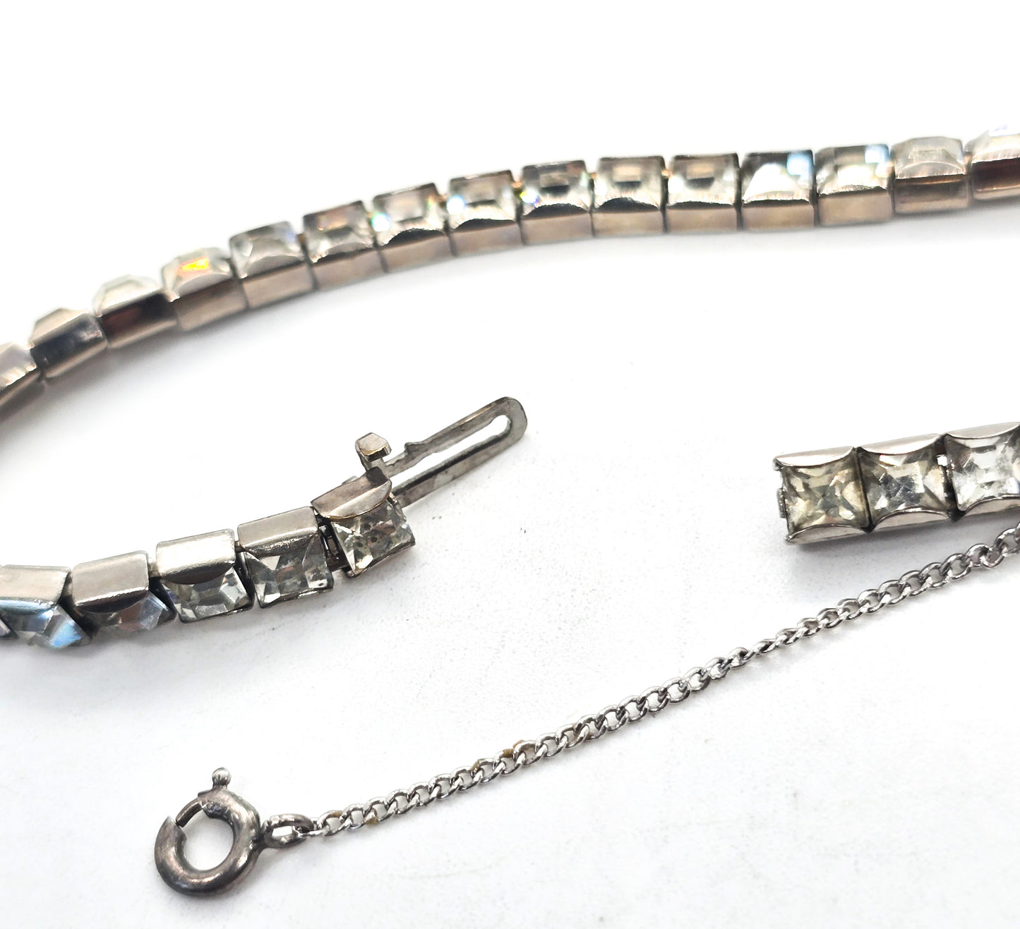 Princess cut channel set clear rhinestone mid century vintage tennis bracelet with safety