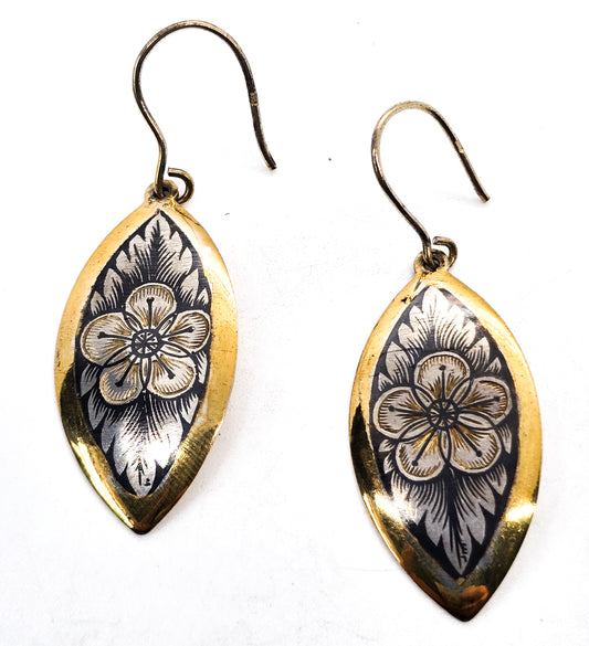 Russian Niello 875 Vermeil silver and gold flower vintage sterling silver earrings