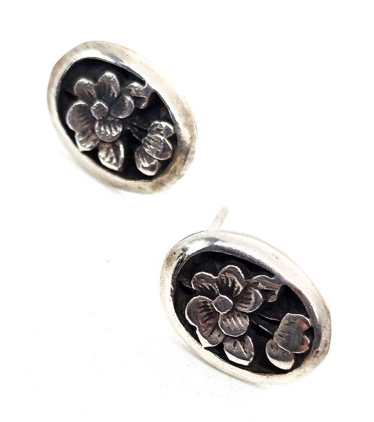 Blooming flower shadowbox vintage 3D sterling silver stud earrings