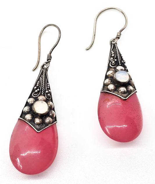 Pink opalite drop tribal Balinese vintage sterling silver earrings with opalite accents