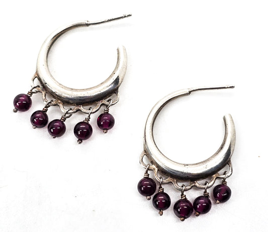 Garnet red gemstone beaded sterling silver drop vintage hoop earrings