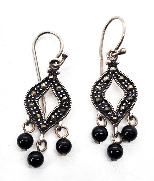 Tori Hill marcasite and black onyx beaded sterling silver open work hook earrings