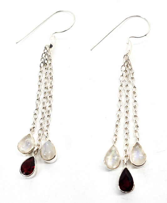 Blue Moonstone and garnet long tassel drop 2.75" sterling silver gemstone earrings