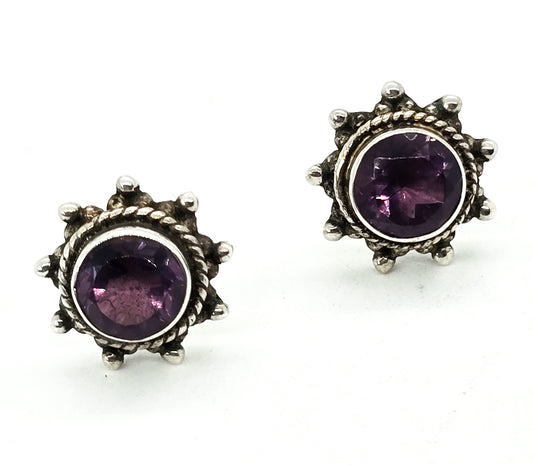 Amethyst purple gemstone Balinese style sterling silver vintage stud earrings