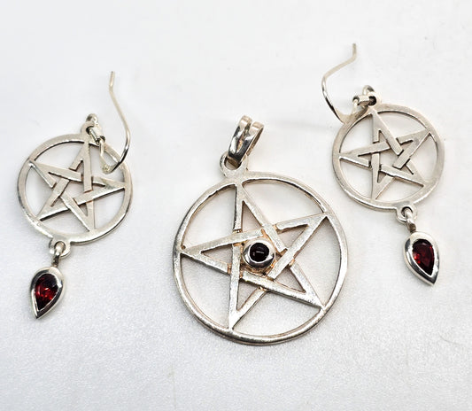 Garnet Pentacle Sterling silver matching earrings and pendant set Wicca Pagan