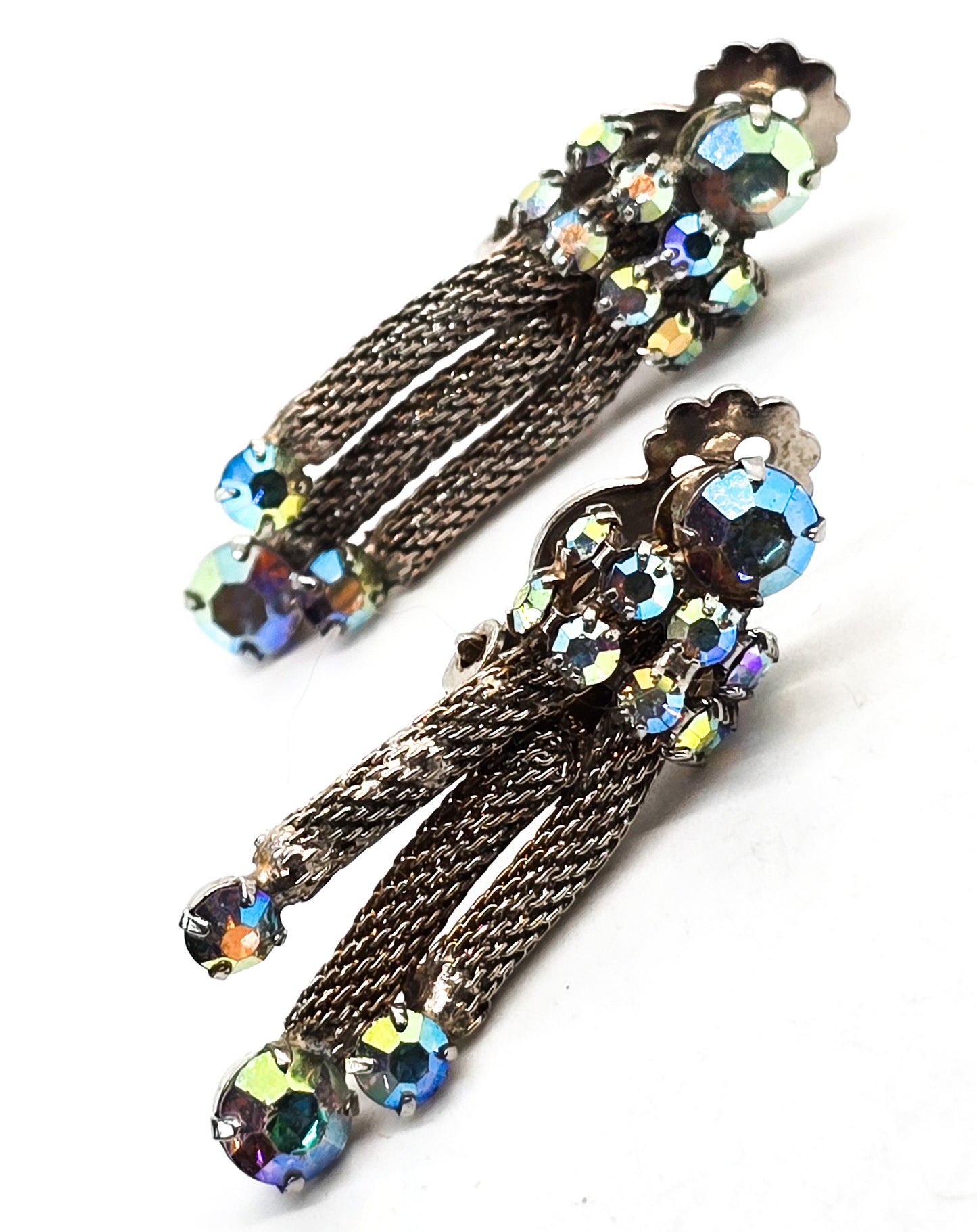 Aurora Borealis rhinestone mesh tassel drop vintage clip on mid century earrings