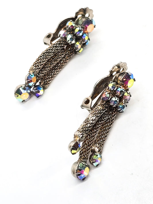 Aurora Borealis rhinestone mesh tassel drop vintage clip on mid century earrings