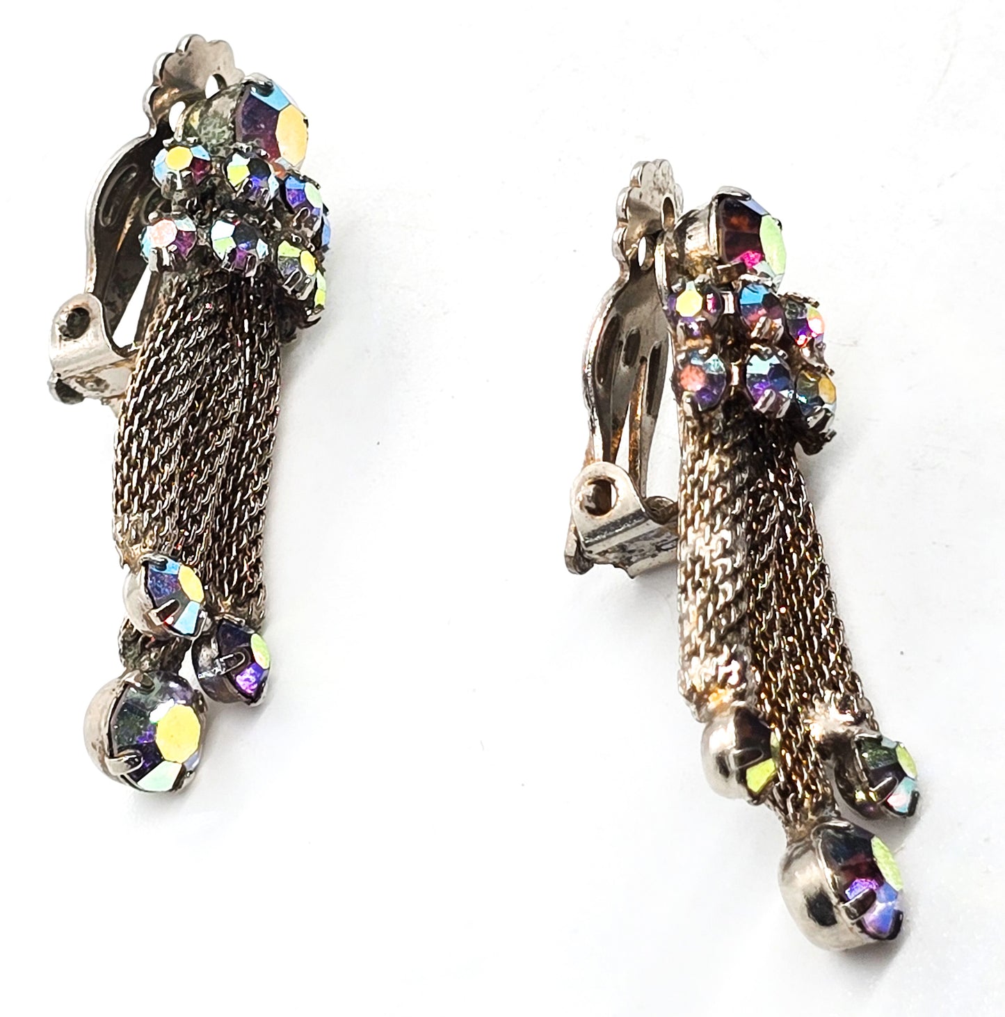 Aurora Borealis rhinestone mesh tassel drop vintage clip on mid century earrings