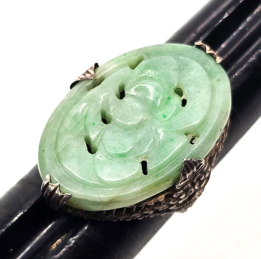 Carved Jade Lotus flower Chinese Export antique sterling silver filigree ring size 4/75