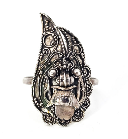 Rangda Barong face Balinese demon Queen Indonesian sterling silver ring size 8 and 1/2
