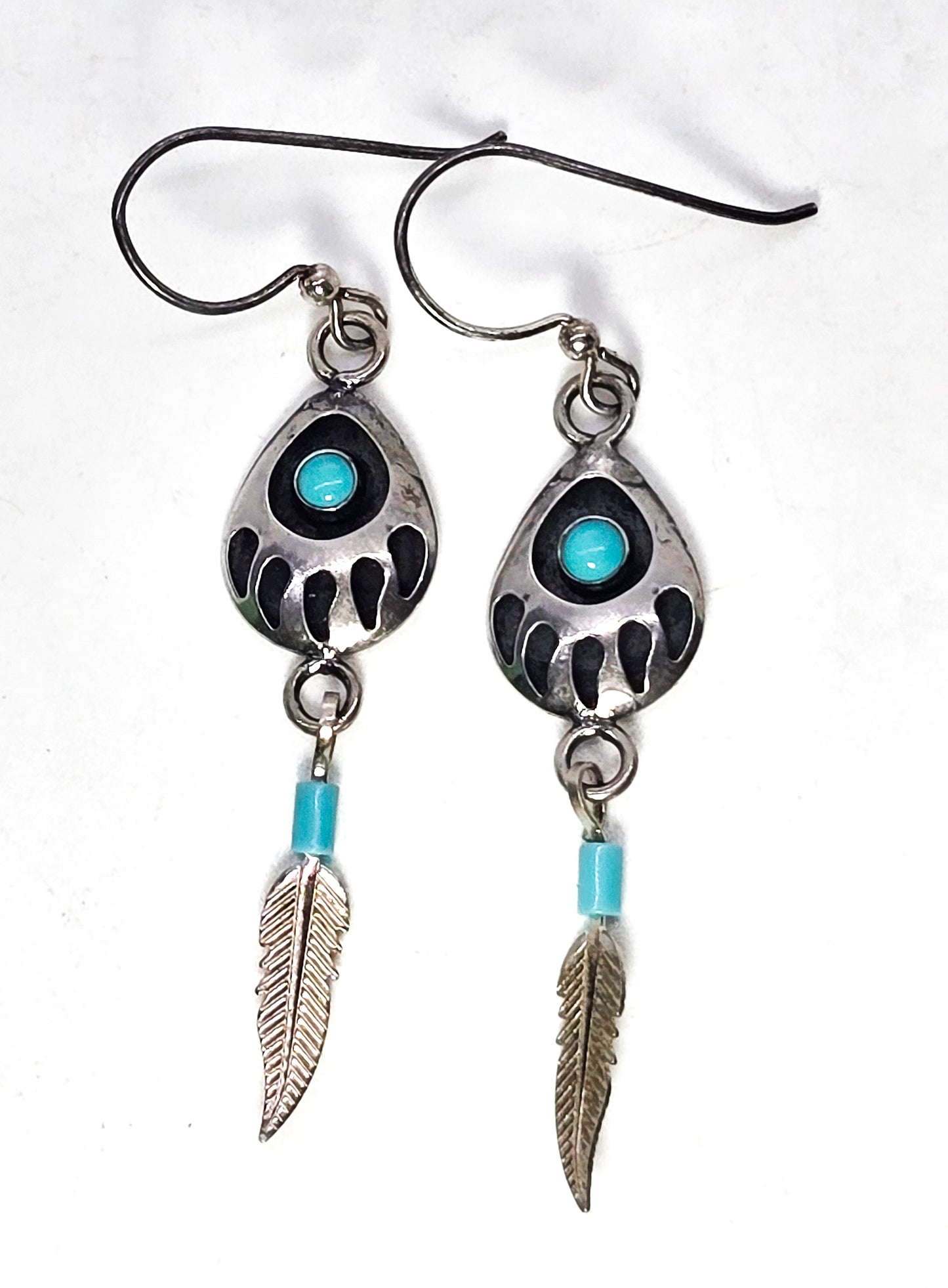 Bear Paw Shadowbox sterling silver block turquoise Southwestern feather drop earrings