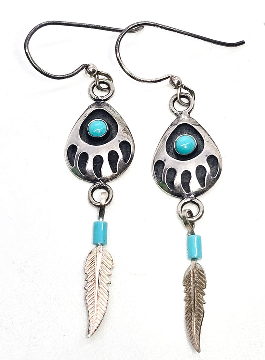 Bear Paw Shadowbox sterling silver block turquoise Southwestern feather drop earrings