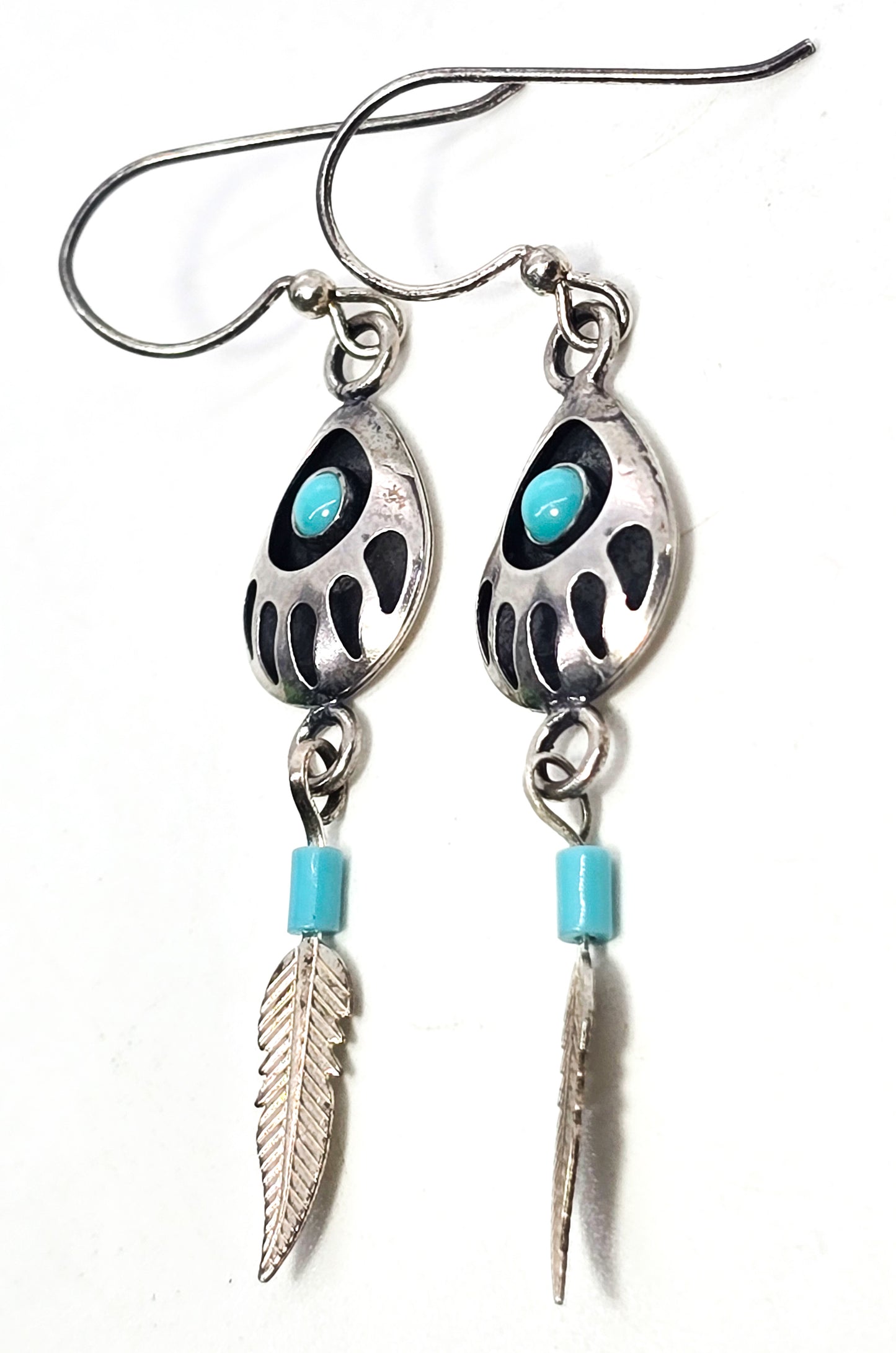 Bear Paw Shadowbox sterling silver block turquoise Southwestern feather drop earrings