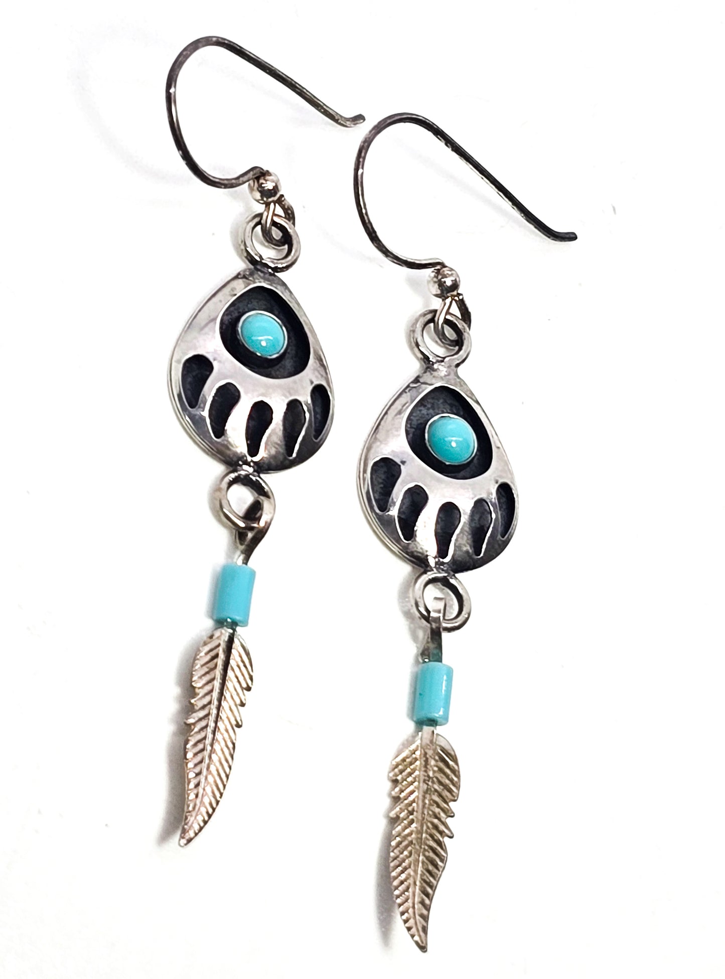 Bear Paw Shadowbox sterling silver block turquoise Southwestern feather drop earrings