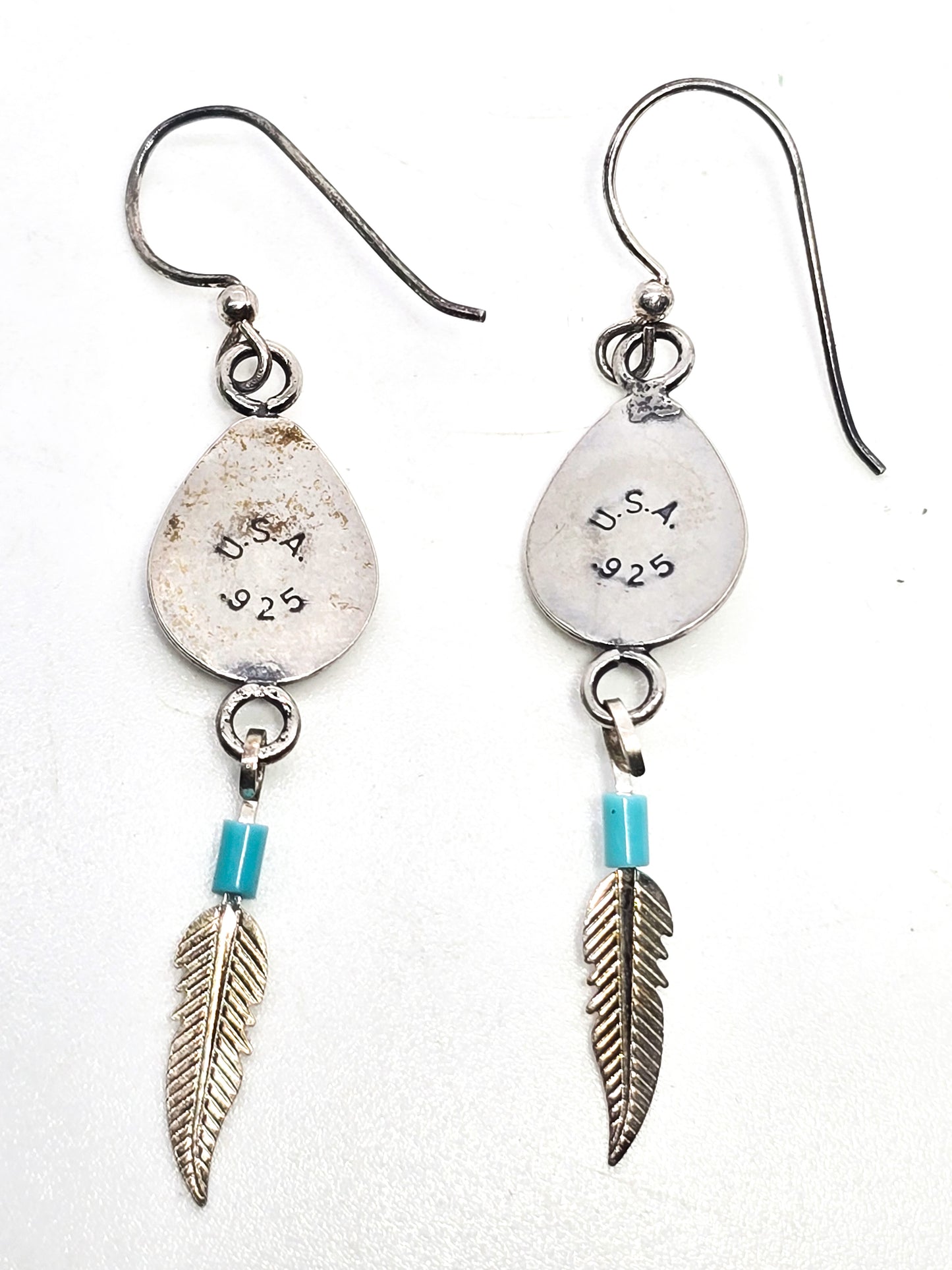 Bear Paw Shadowbox sterling silver block turquoise Southwestern feather drop earrings