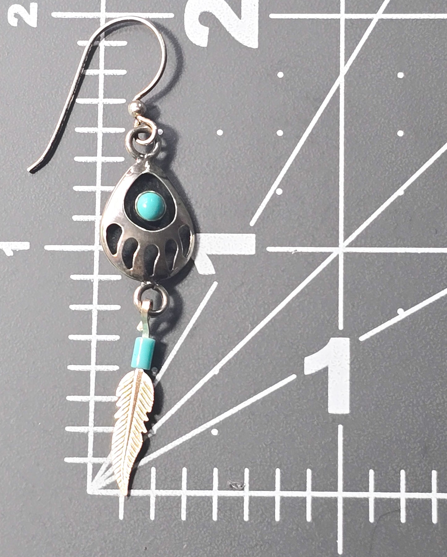 Bear Paw Shadowbox sterling silver block turquoise Southwestern feather drop earrings