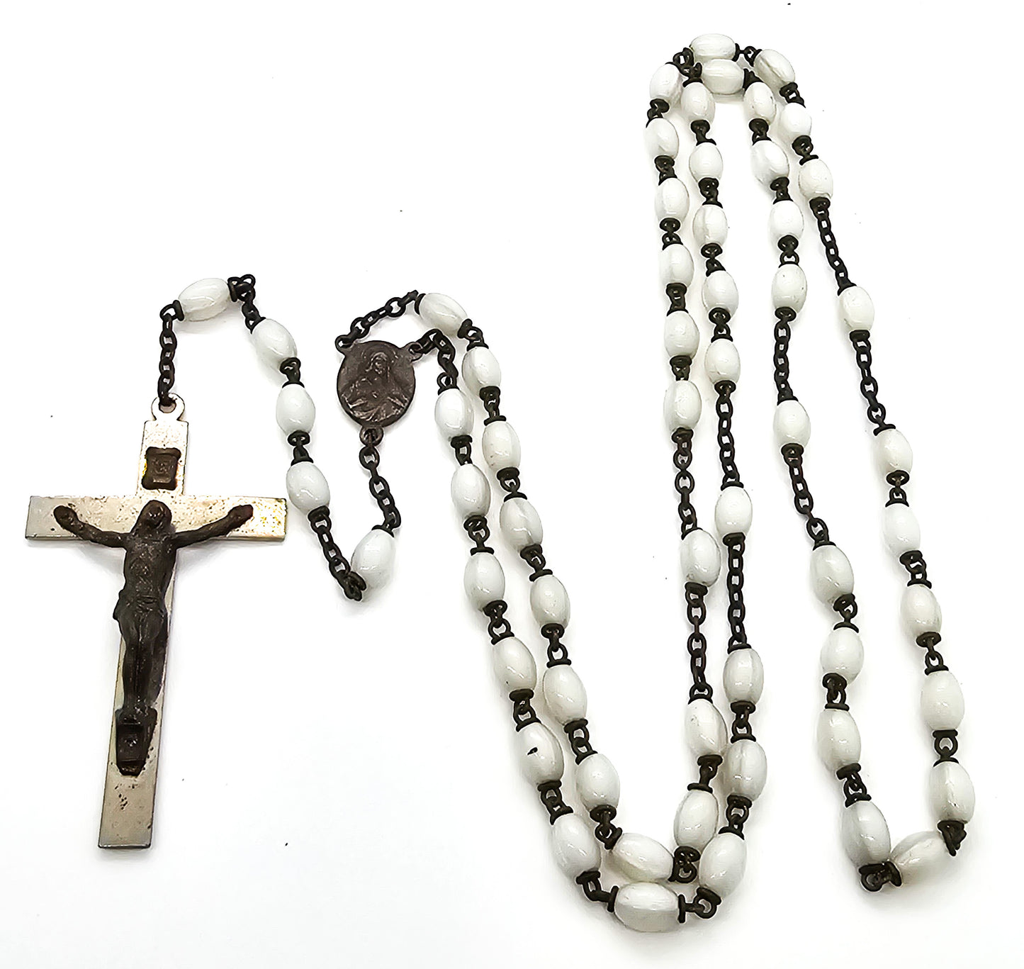 Rosary White glass beaded vintage brass crucifix Catholic rosary