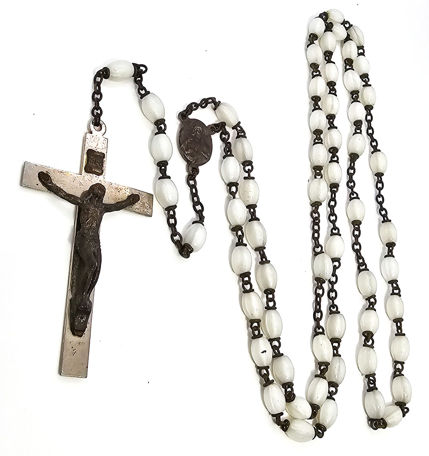 Rosary White glass beaded vintage brass crucifix Catholic rosary