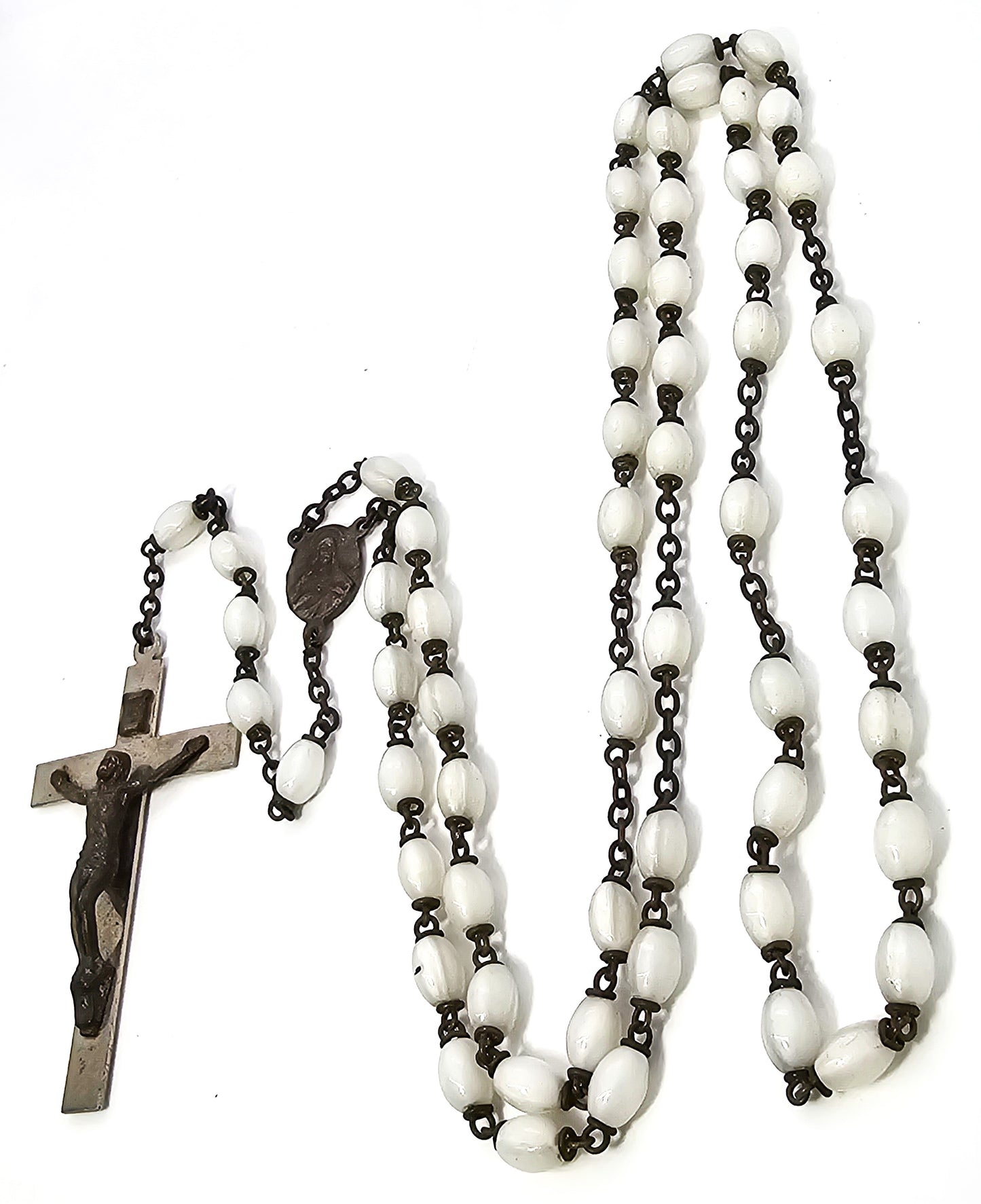 Rosary White glass beaded vintage brass crucifix Catholic rosary