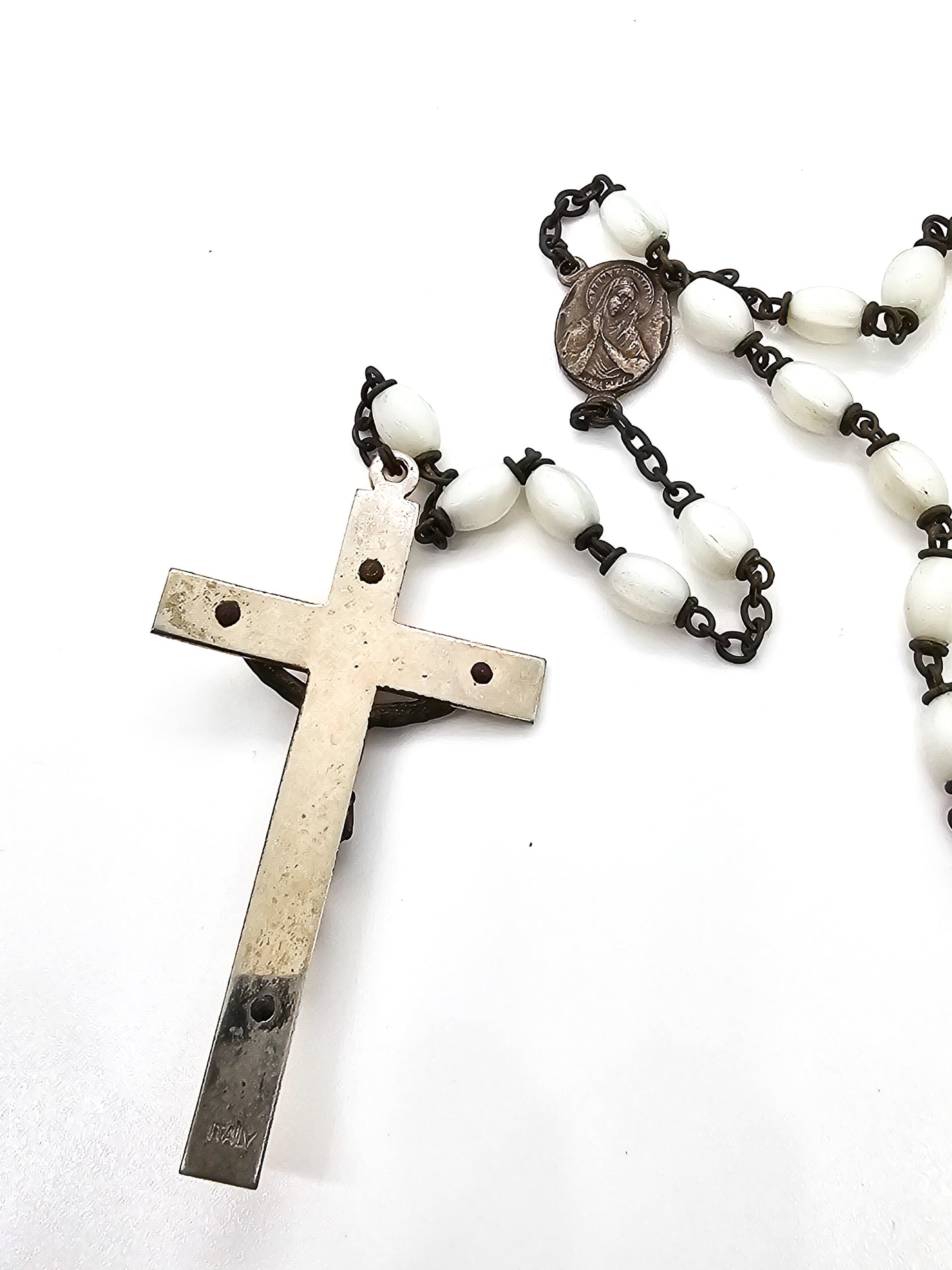 Rosary White glass beaded vintage brass crucifix Catholic rosary