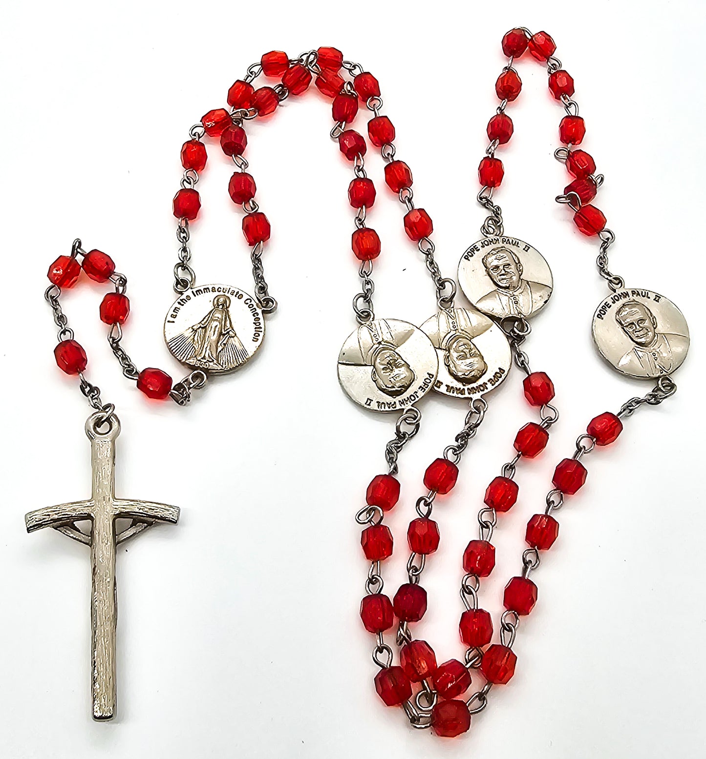 Pope John Paul II vintage red Austrian crystal beaded Catholic Rosary Prayer beads