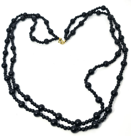 Trifari double strand black Lucite beaded vintage 24" necklace
