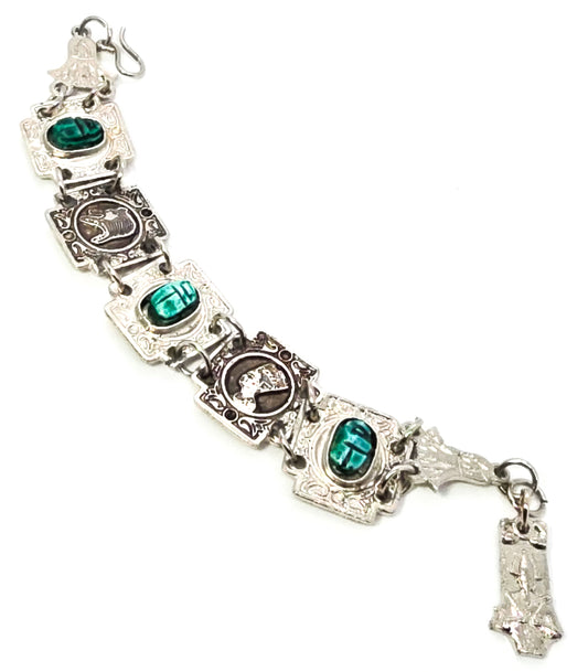Egyptian Revival blue scarab Faience tourist souvenir silver toned panel bracelet