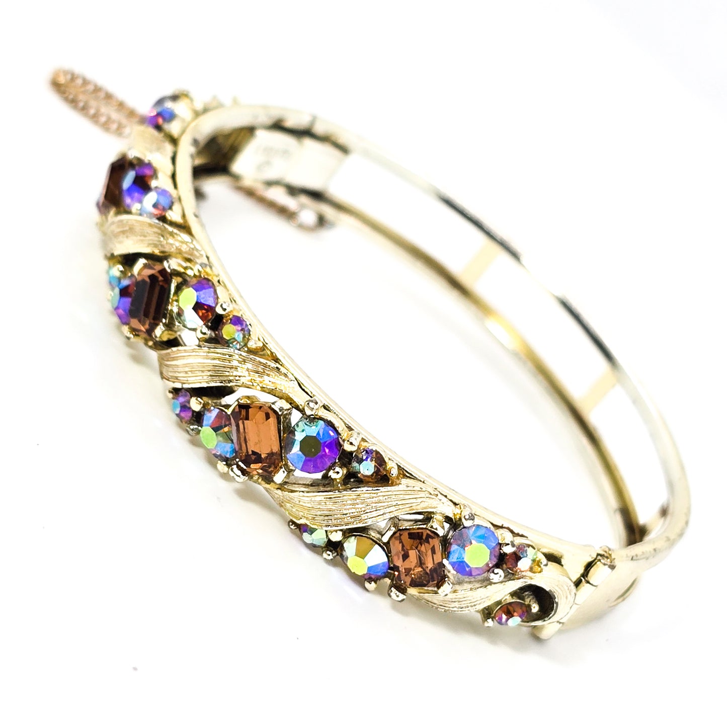 Lisner topaz and aurora borealis mid century signed vintage bangle bracelet