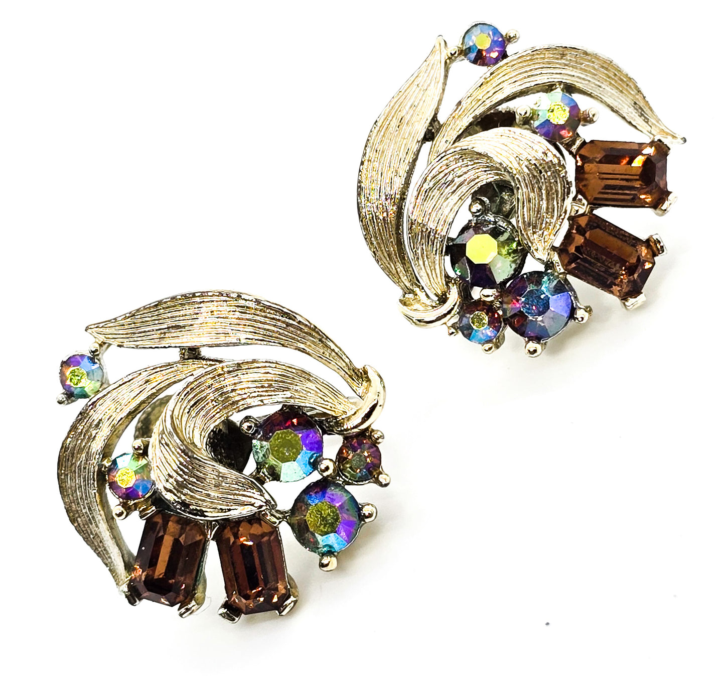 Lisner Aurora Borealis and topaz gold toned signed vintage screw back mid century earrings