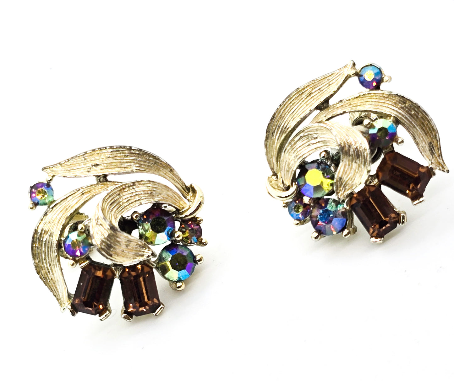 Lisner Aurora Borealis and topaz gold toned signed vintage screw back mid century earrings