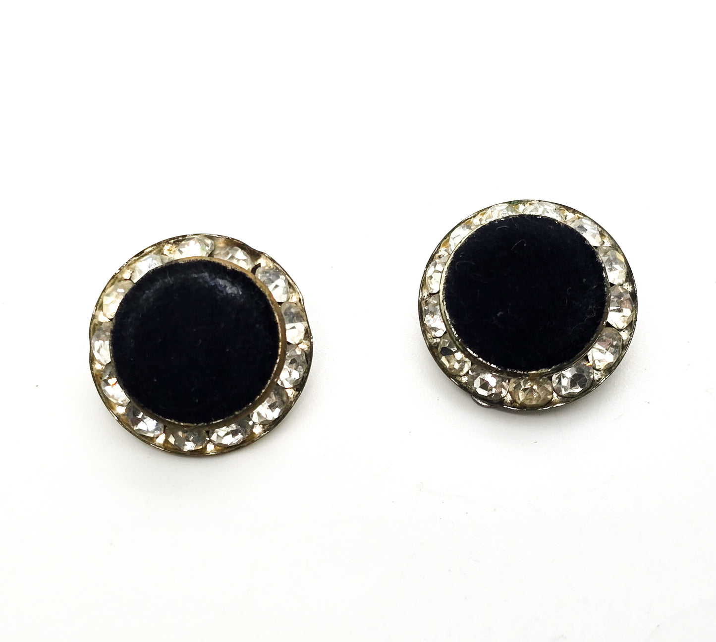 Black velvet rhinestone halo vintage retro 1980's cluster clip on earrings