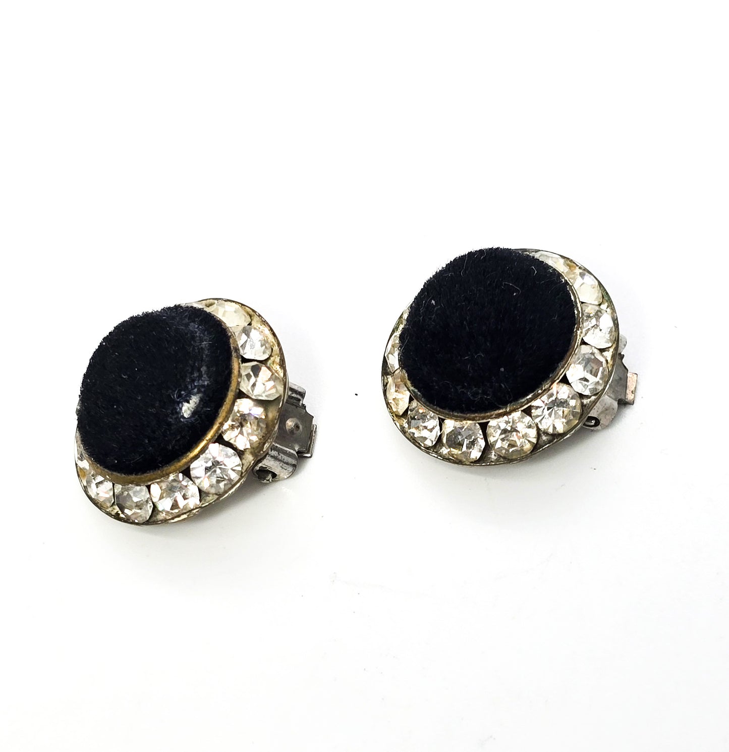 Black velvet rhinestone halo vintage retro 1980's cluster clip on earrings