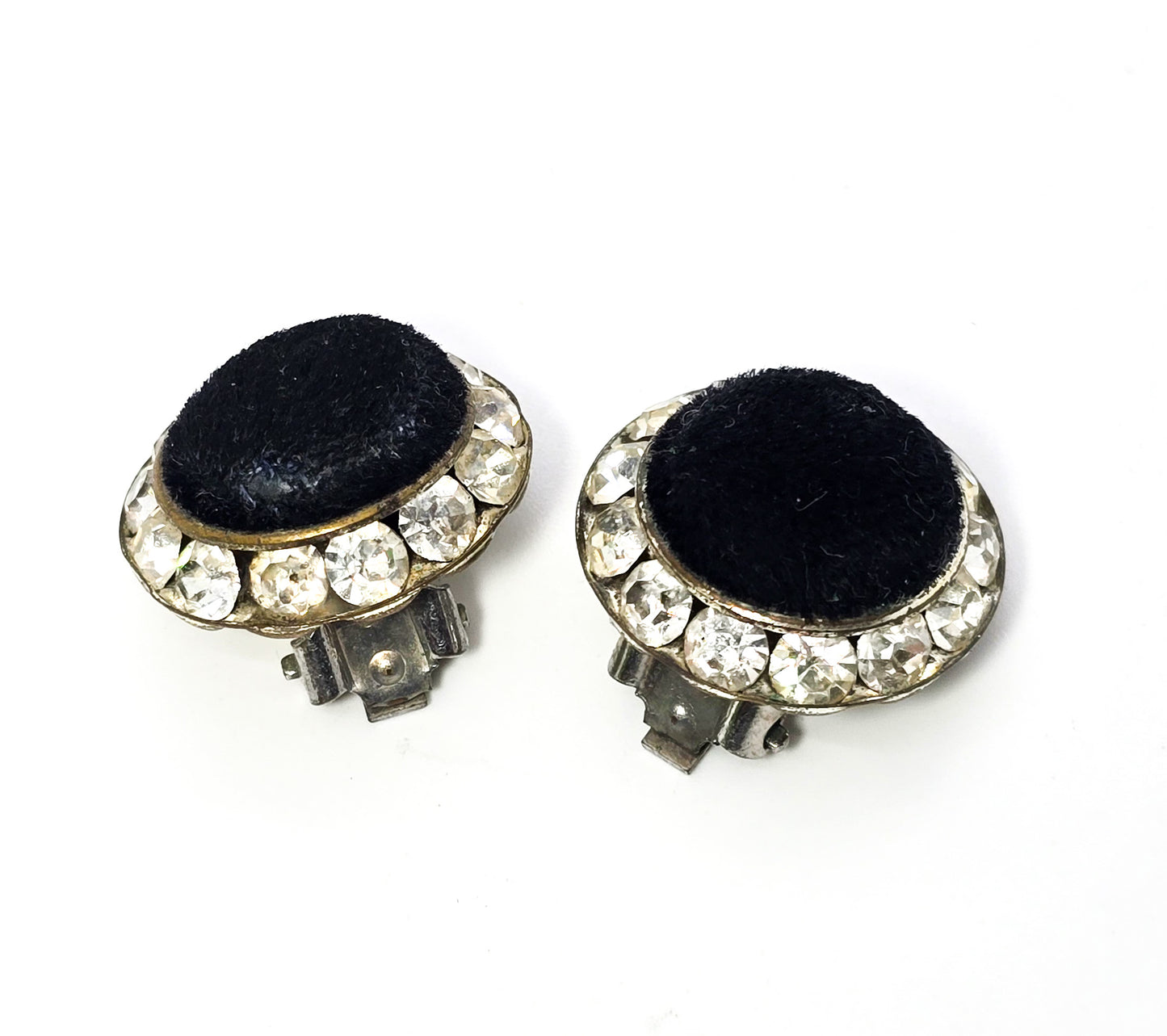 Black velvet rhinestone halo vintage retro 1980's cluster clip on earrings