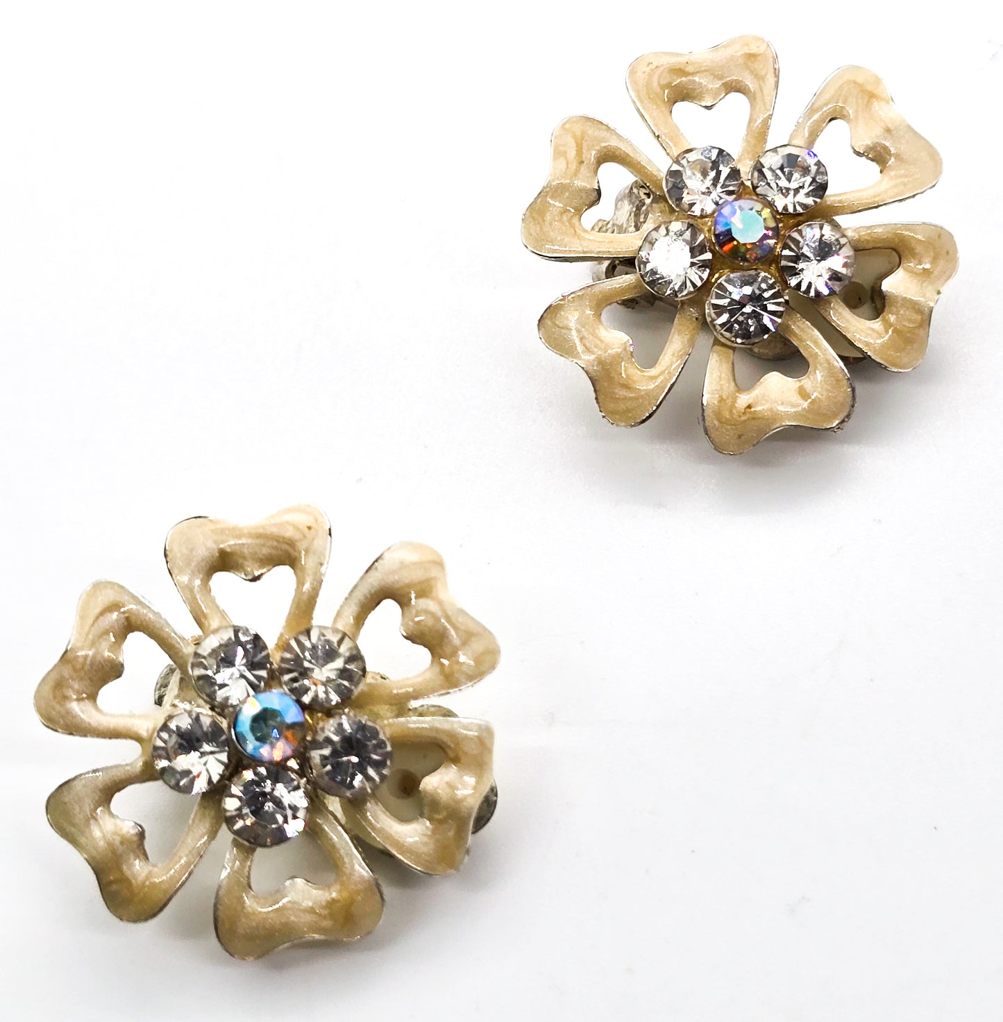 Rainbow aurora borealis rhinestone off white flower clip on vintage earrings