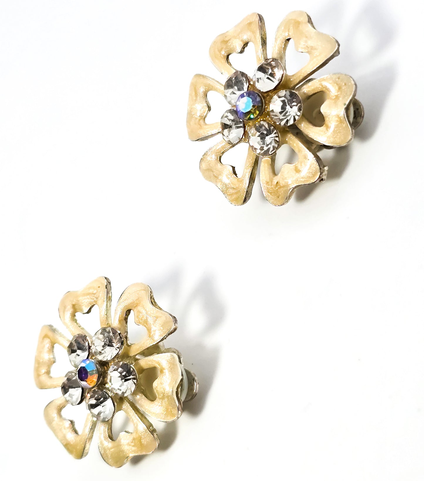 Rainbow aurora borealis rhinestone off white flower clip on vintage earrings