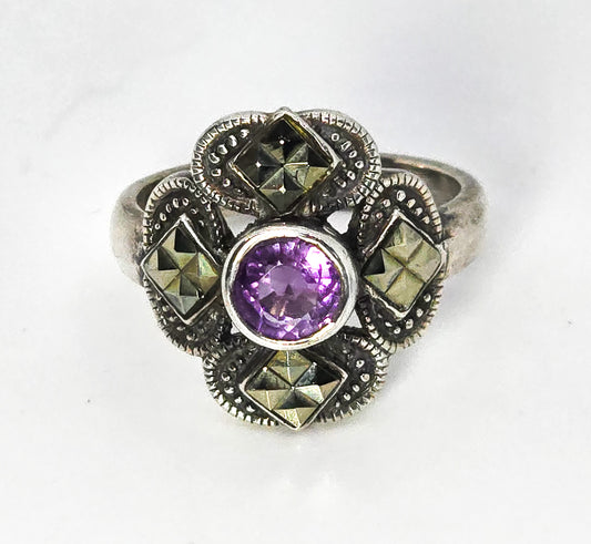 LBB TH Amethyst and marcasite vintage purple flower sterling silver ring size 8