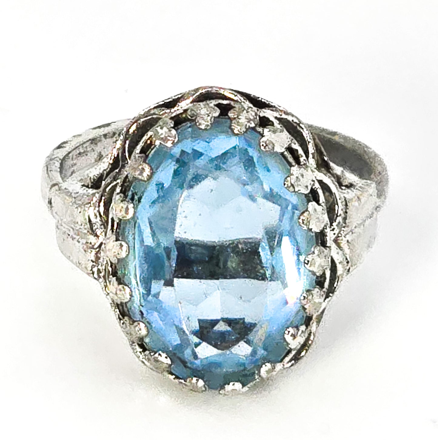 Blue paste large rhodium plated D sterling silver mid century adjustable ring size 5