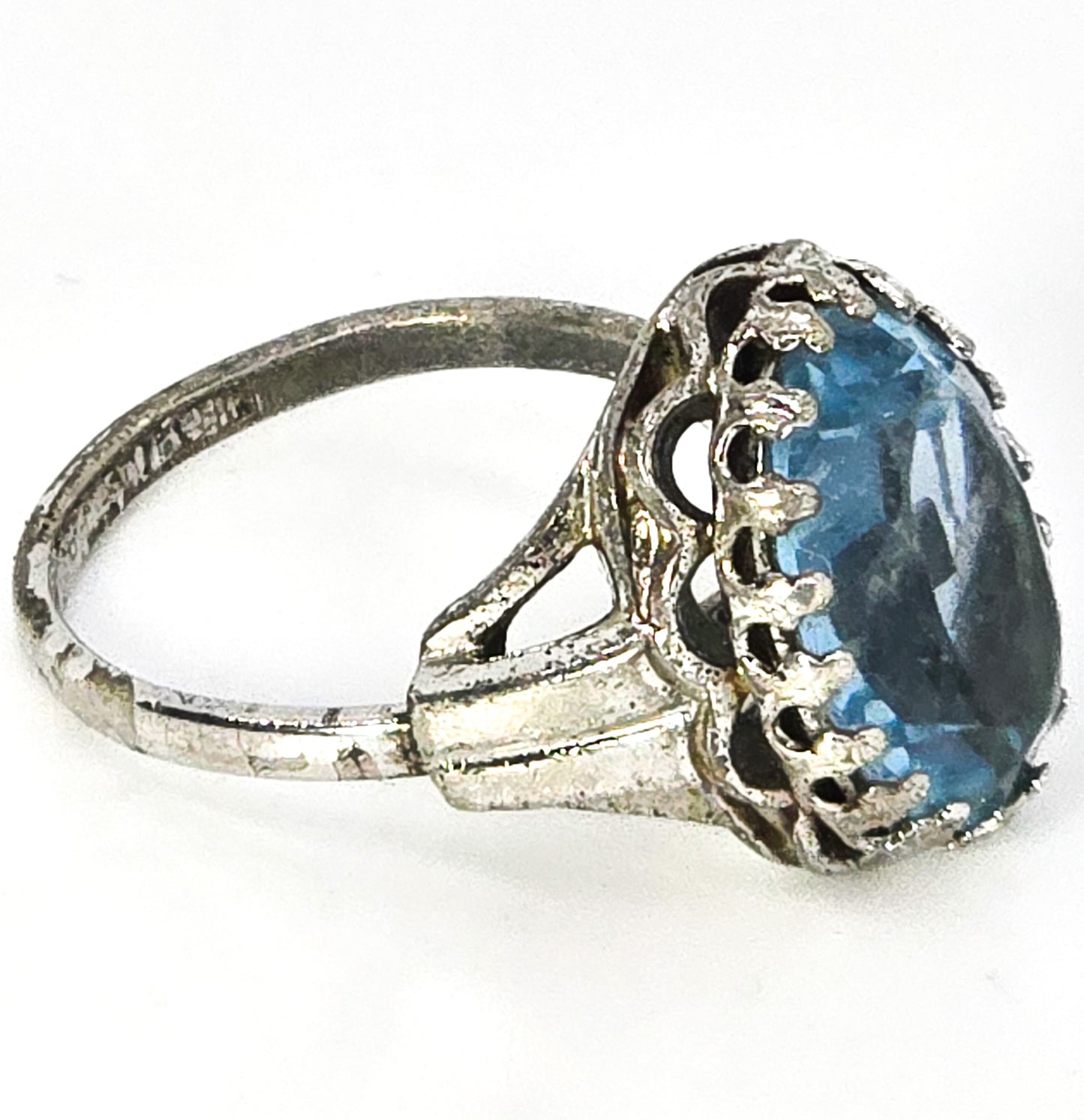 Blue paste large rhodium plated D sterling silver mid century adjustable ring size 5