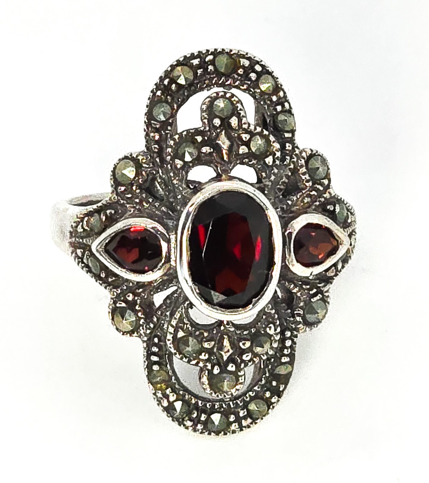 Red Garnet and Marcasite Art Deco style sterling silver open work ring size 6