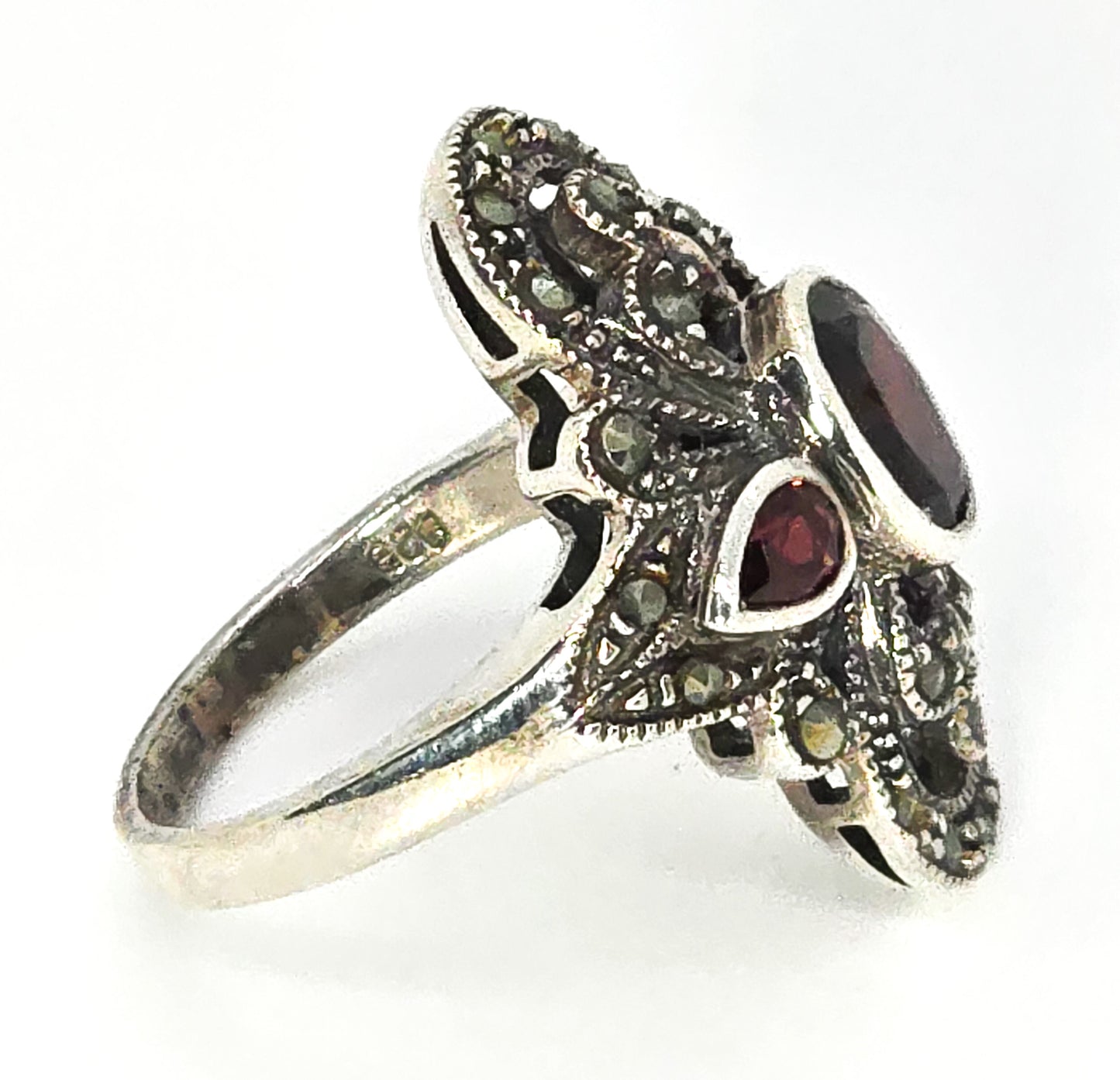 Red Garnet and Marcasite Art Deco style sterling silver open work ring size 6