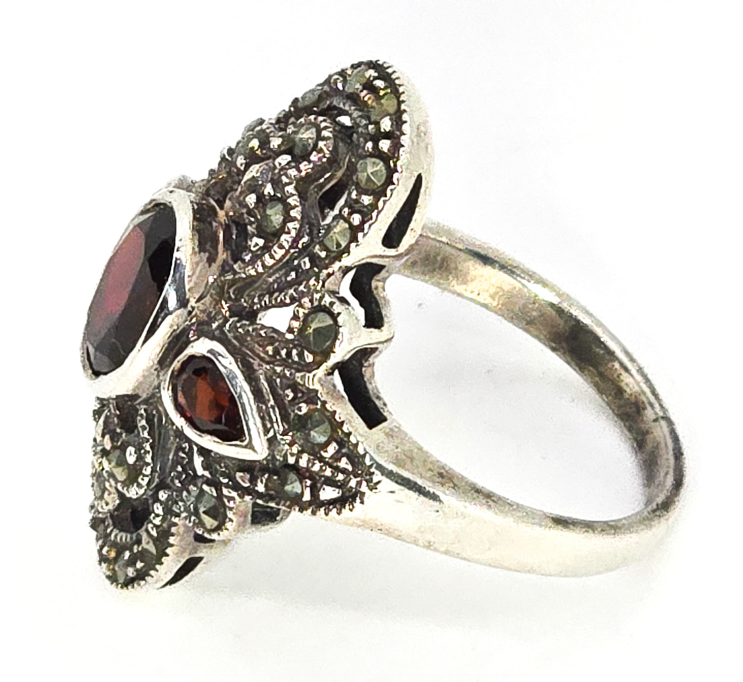 Red Garnet and Marcasite Art Deco style sterling silver open work ring size 6