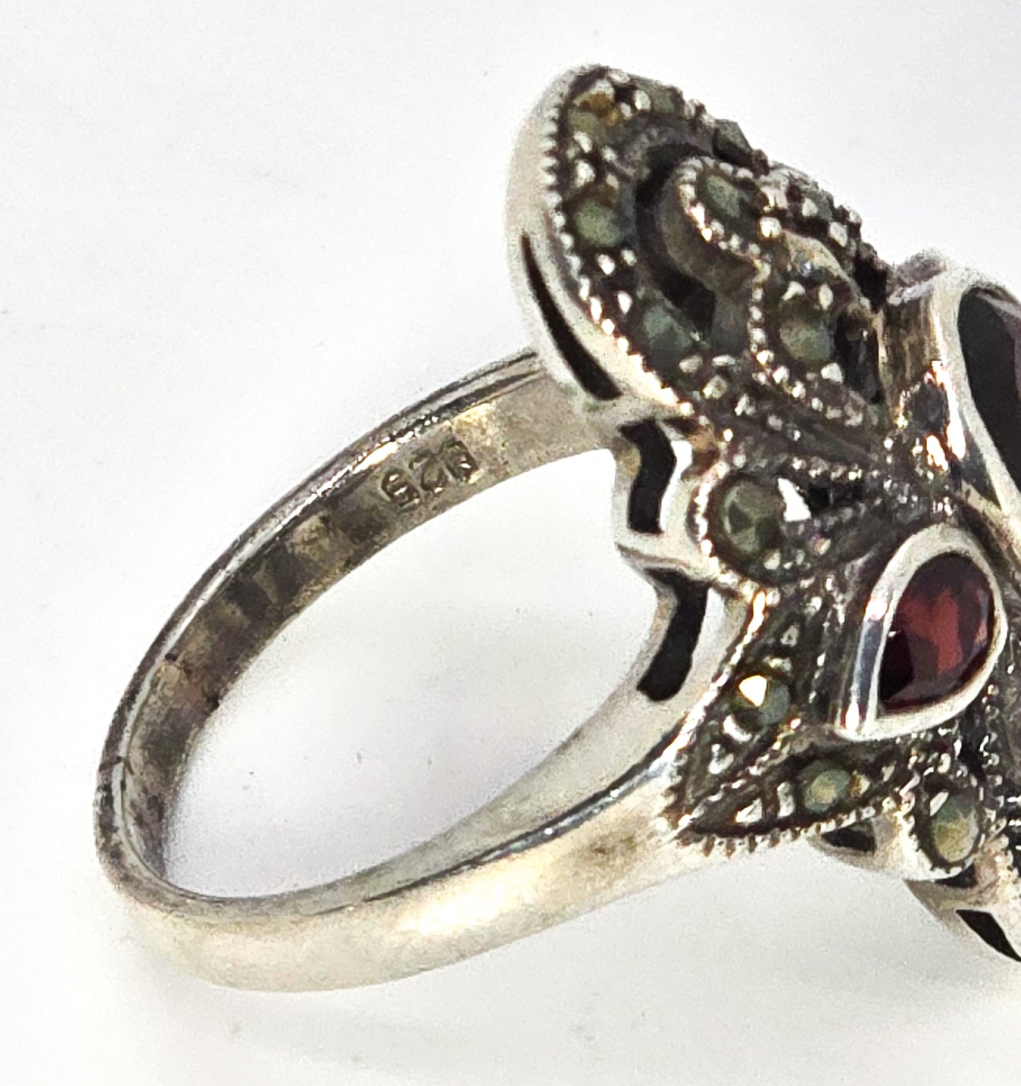 Red Garnet and Marcasite Art Deco style sterling silver open work ring size 6